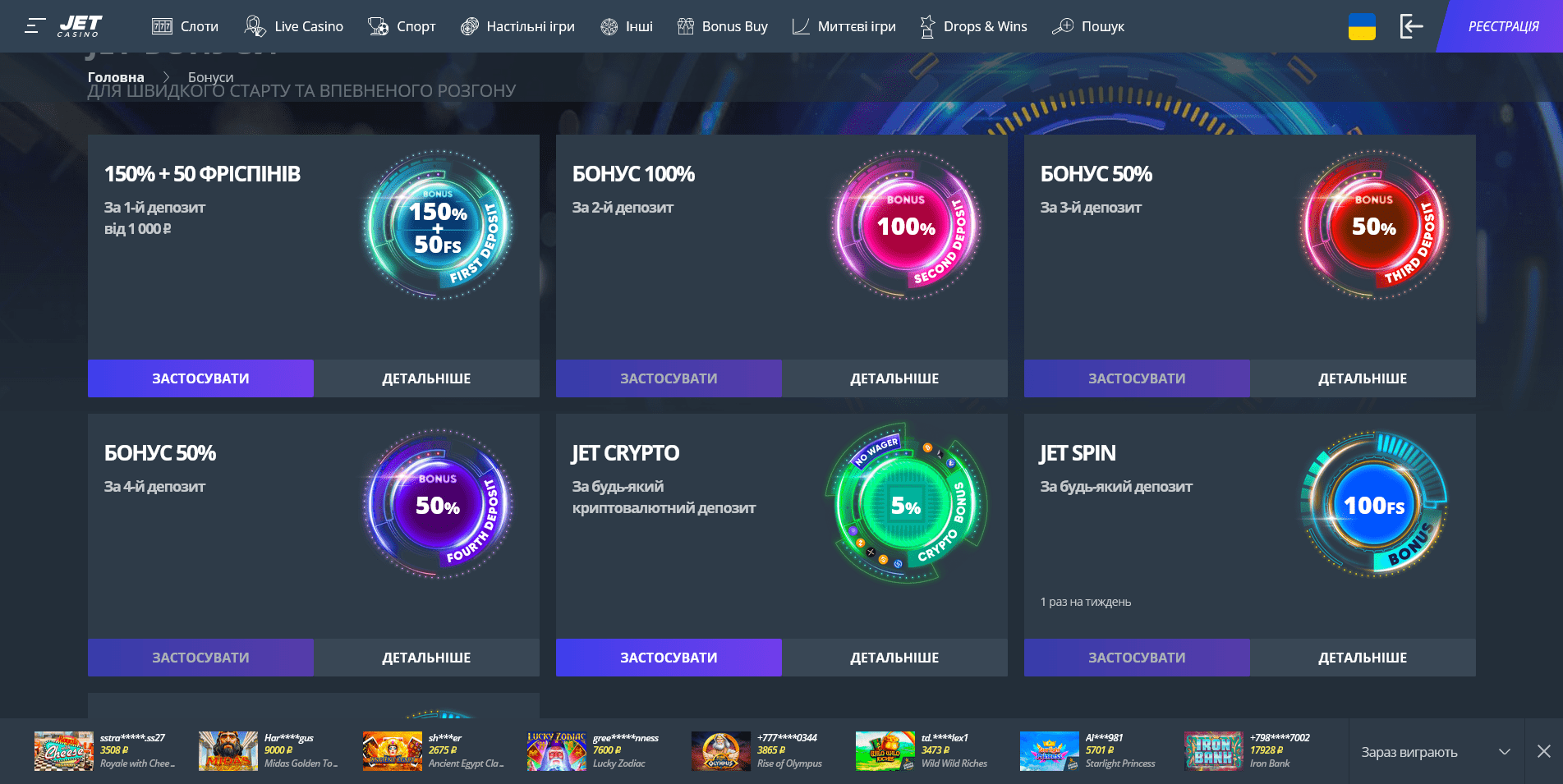 Джет Казіно: бонуси, промокоди та акції Бонуси Джет Казіно